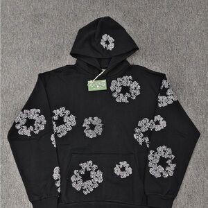 Men's Black Crewneck Hoodie with White Floral Clusters